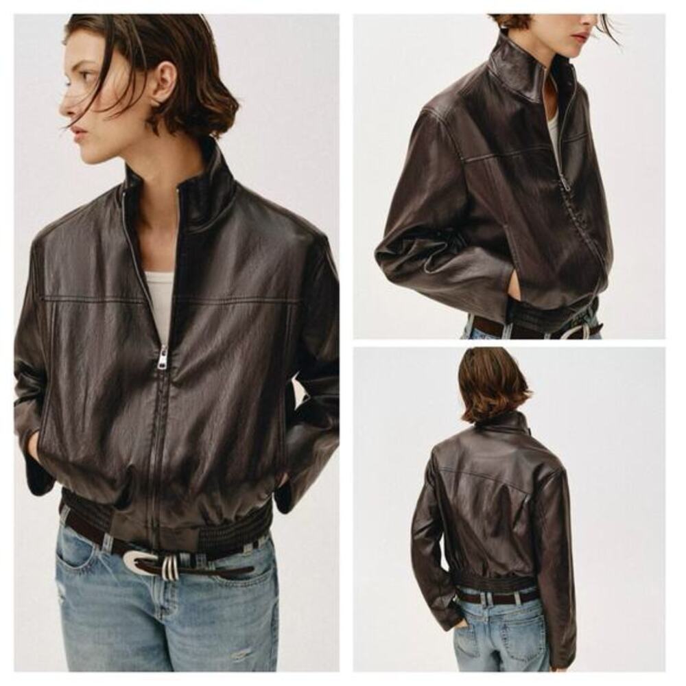 Zara Brown  Faux Leather Bomber Jacket XXL Funnel Neck Full Zipper Lightweigh